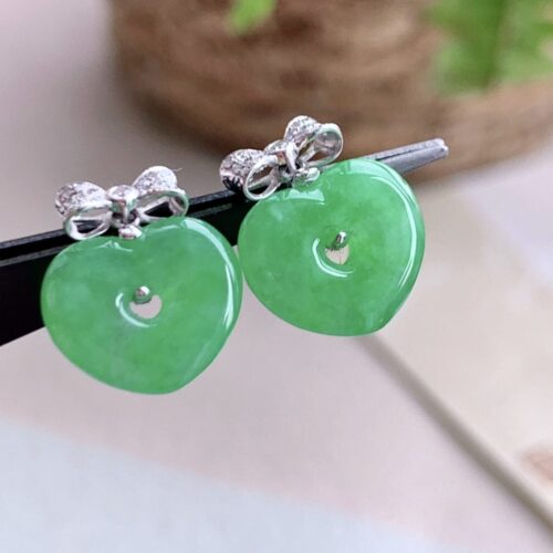 Alternative view of Apple Green Heart Jadeite Jade Drop Earrings 18K Gold