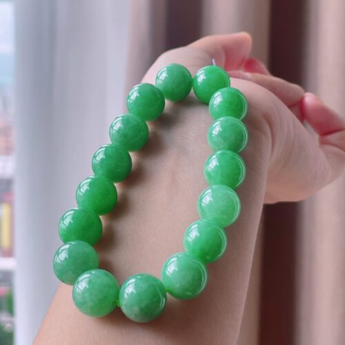 Full Green Jadeite Jade Bead Bracelet, 12.5mm