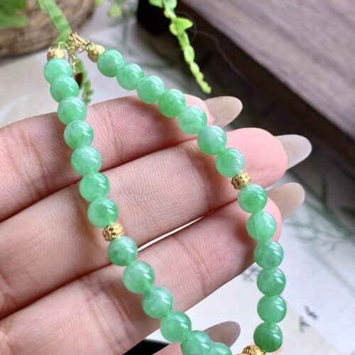 Apple Green Jadeite Jade Bead Bracelet 18K Gold, 6mm