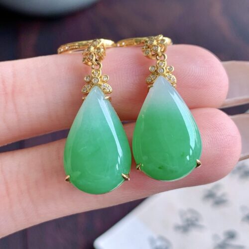 Alternative view of Apple Green Jadeite Jade Drop Earrings 18K Gold, 18mm