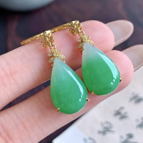 Apple Green Jadeite Jade Drop Earrings 18K Gold, 18mm