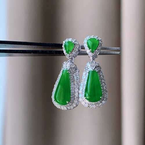 Alternative view of Apple Green Jadeite Jade Drop Earrings 18K Gold, 10mm