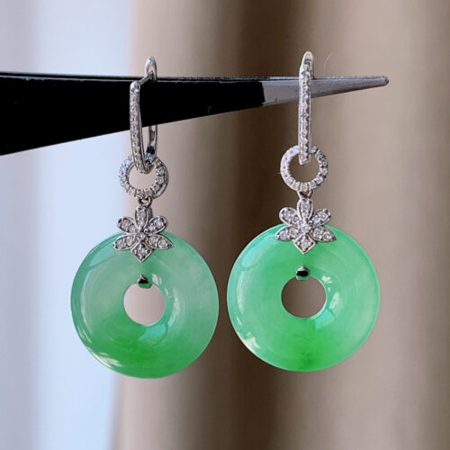 Apple Green Jadeite Jade Drop Earrings 18K Gold, 17.3mm