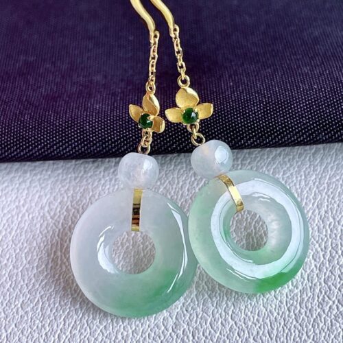 Alternative view of Apple Green Jadeite Jade Drop Earrings 18K Gold, 12.8×2.6mm