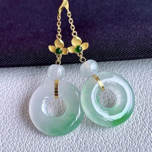 Apple Green Jadeite Jade Drop Earrings 18K Gold, 12.8×2.6mm