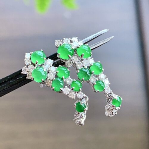 Apple Green Jadeite Jade Drop Earrings 18K Gold, 3.1mm