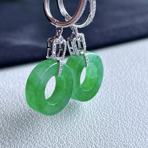 Alternative view of Apple Green Jadeite Jade Drop Earrings 18K Gold, 12.8×3.5mm