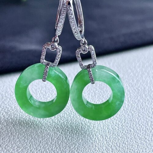 Apple Green Jadeite Jade Drop Earrings 18K Gold, 12.8×3.5mm