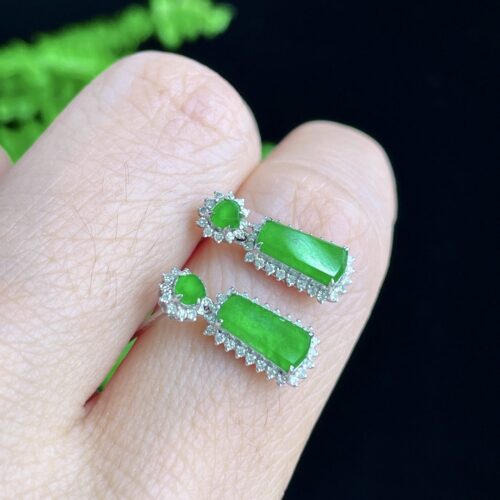 Alternative view of Apple Green Plaque Jadeite Jade Drop Earrings 18K Gold