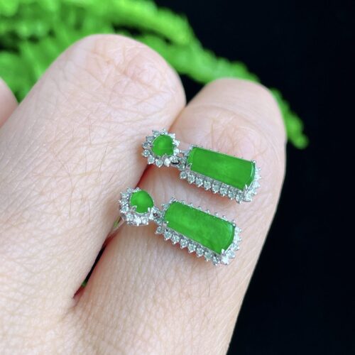 Apple Green Plaque Jadeite Jade Drop Earrings 18K Gold