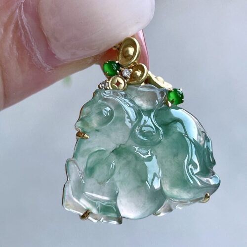 Blue Water Horse Jadeite Jade Pendant 18K Gold, 23mm