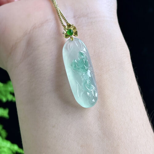Alternative view of Blue Water Lotus Jadeite Jade Pendant 18K Gold, 30mm