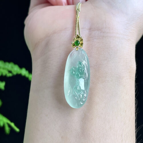 Blue Water Lotus Jadeite Jade Pendant 18K Gold, 30mm