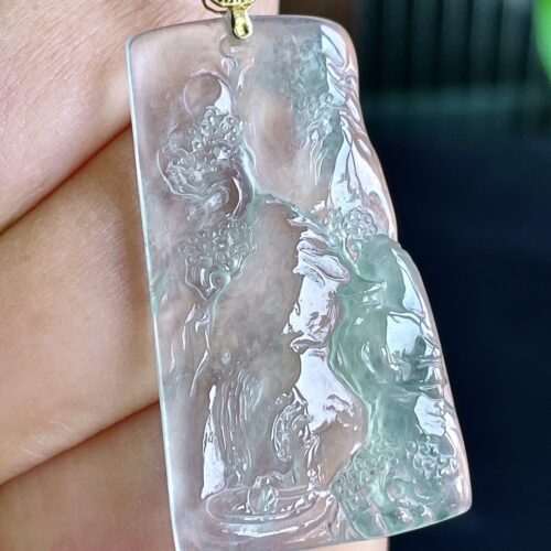 High Icy Landscape Jadeite Jade Pendant 18K Gold