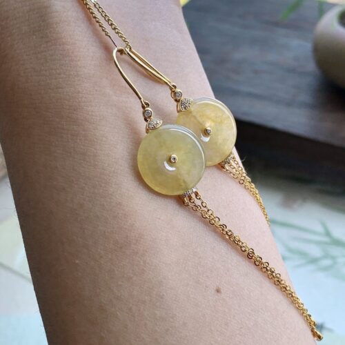 Alternative view of Honey Pingan Buckle Jadeite Jade Drop Earrings 18K Gold