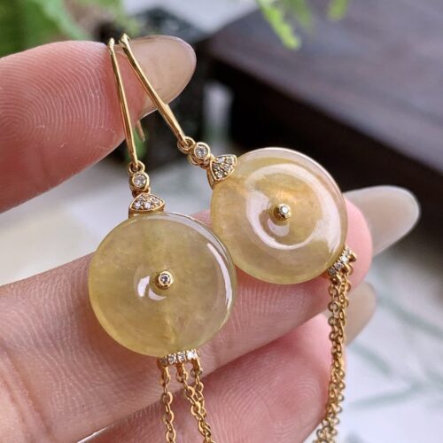 Honey Pingan Buckle Jadeite Jade Drop Earrings 18K Gold