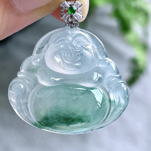 Icy Buddha Jadeite Jade Pendant 18K Gold, 28.2mm