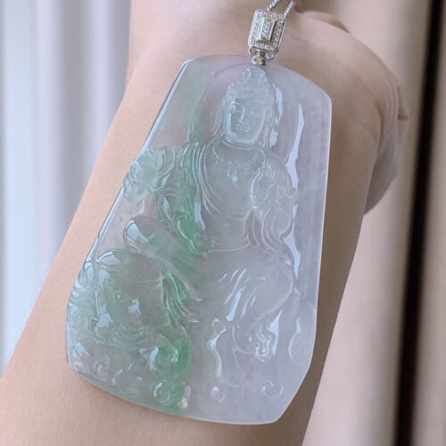 Alternative view of Icy Guanyin Jadeite Jade Pendant 18K Gold, 43.3mm