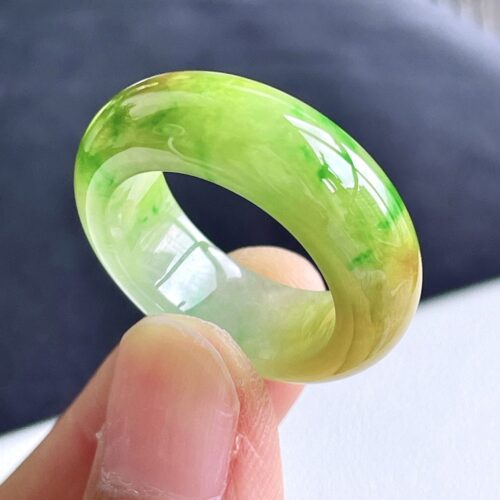 Honey & Green Jadeite Jade Band Ring, US 10