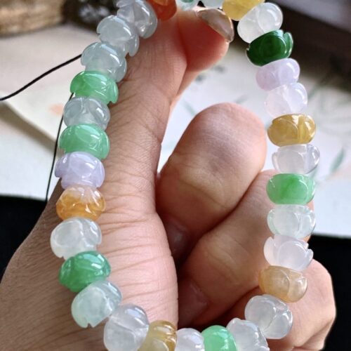 Multi-Colour Jadeite Jade Bead Bracelet 18K Gold, 9.3mm