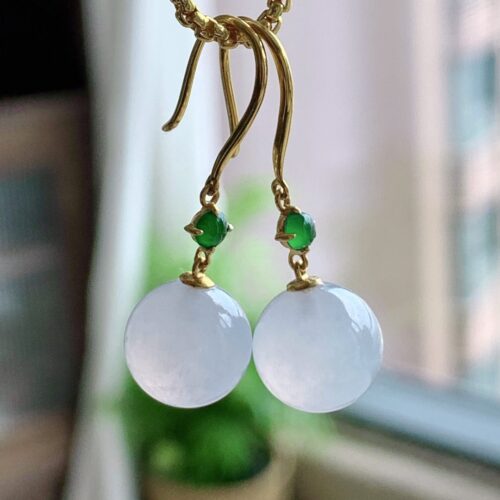 Icy Jadeite Jade Drop Earrings 18K Gold 10 mm