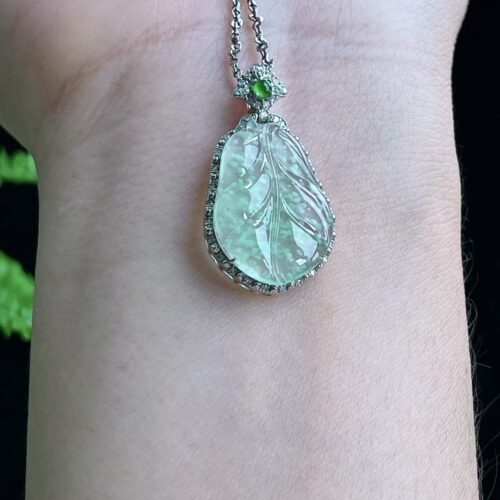 Alternative view of Icy Clear Leaf Jadeite Jade Pendant 18K Gold, 14.7mm