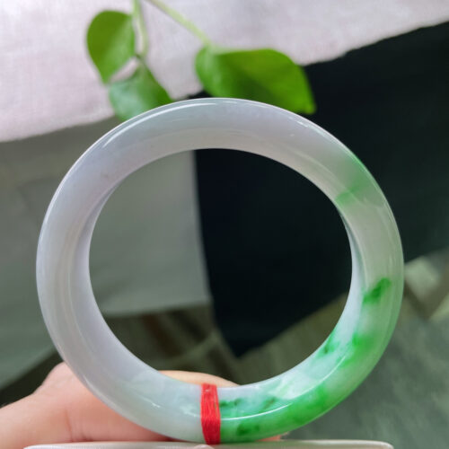 Alternative view of White-Ground Green Half Round Jadeite Jade Bangle, 55mm