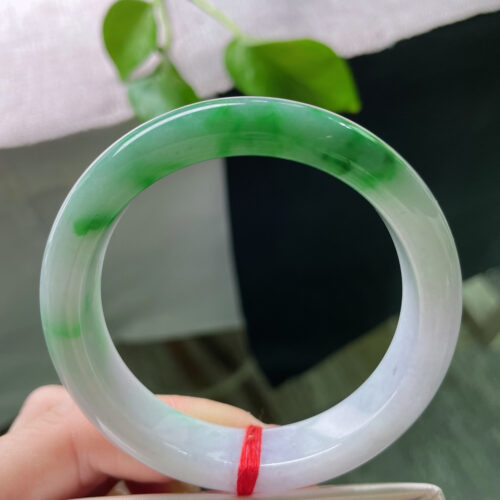 White-Ground Green Half Round Jadeite Jade Bangle, 55mm