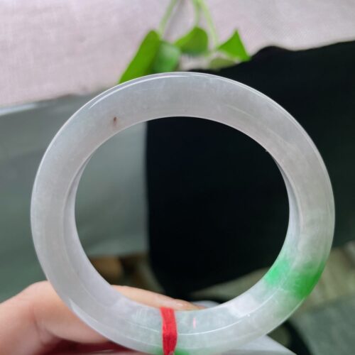 Alternative view of White-Ground Green Half Round Jadeite Jade Bangle, 56mm