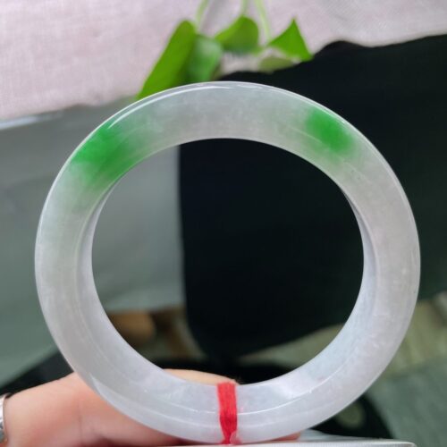 White-Ground Green Half Round Jadeite Jade Bangle, 56mm