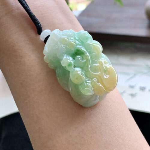 Alternative view of Honey & Green Pixiu Jadeite Jade Pendant, 28mm