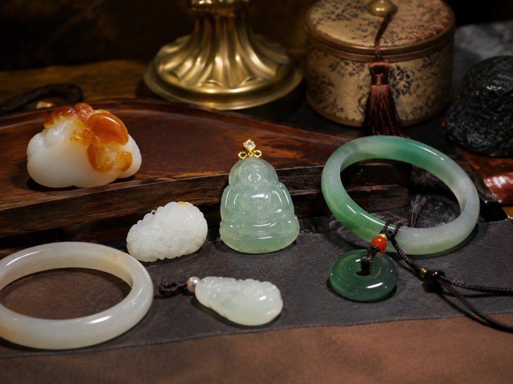 Burmese jadeite piece beside Hetian nephrite showing glassy translucence versus soft waxy glow