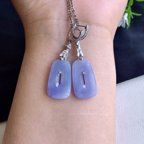 Alternative view of Lavender Shell Jadeite Jade Drop Earrings 18K Gold, 23.8mm