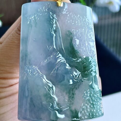 Lavender Landscape Jadeite Jade Pendant 18K Gold, 59mm