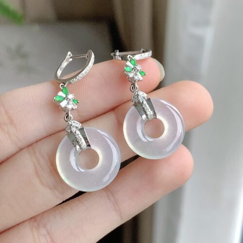White Icy Jadeite Jade Drop Earrings 18K Gold, 15.5mm