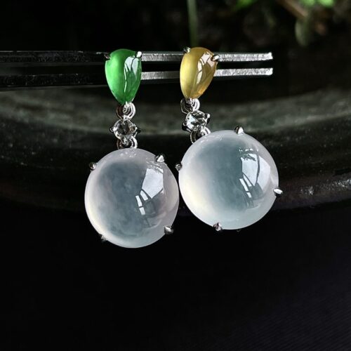 Alternative view of White Icy Cabochon Jadeite Jade Drop Earrings 18K Gold, 9mm