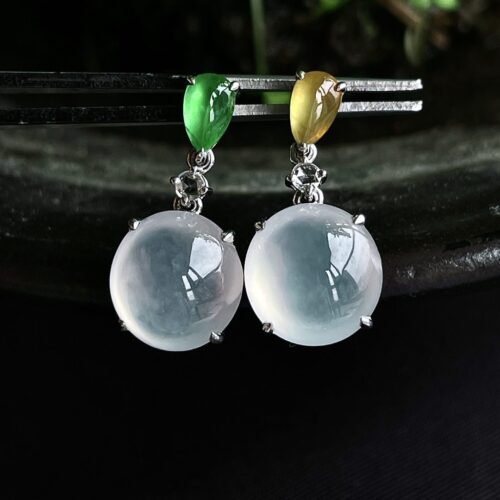 White Icy Cabochon Jadeite Jade Drop Earrings 18K Gold, 9mm
